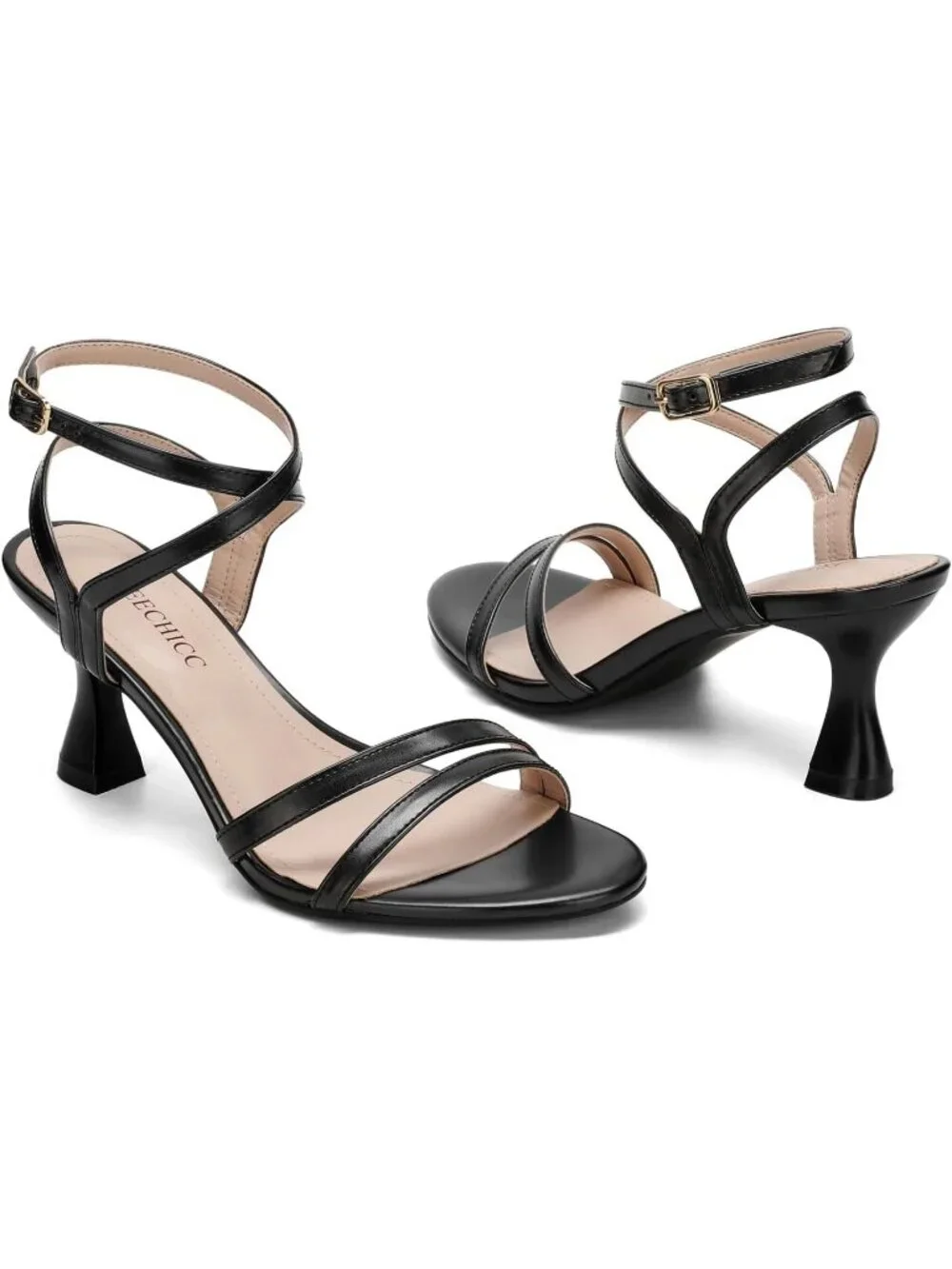 Women's Black Leather elegant Strappy Heels Sandals Open Toe Ankle Strap Shoes